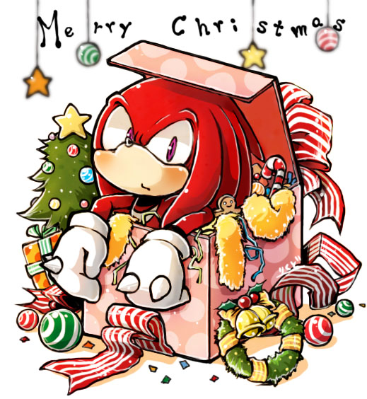 blush candy christmas christmas_tree echidna food gift holidays knuckles_the_echidna looking_at_viewer male mammal monotreme sonic_(series) text tree urahyu