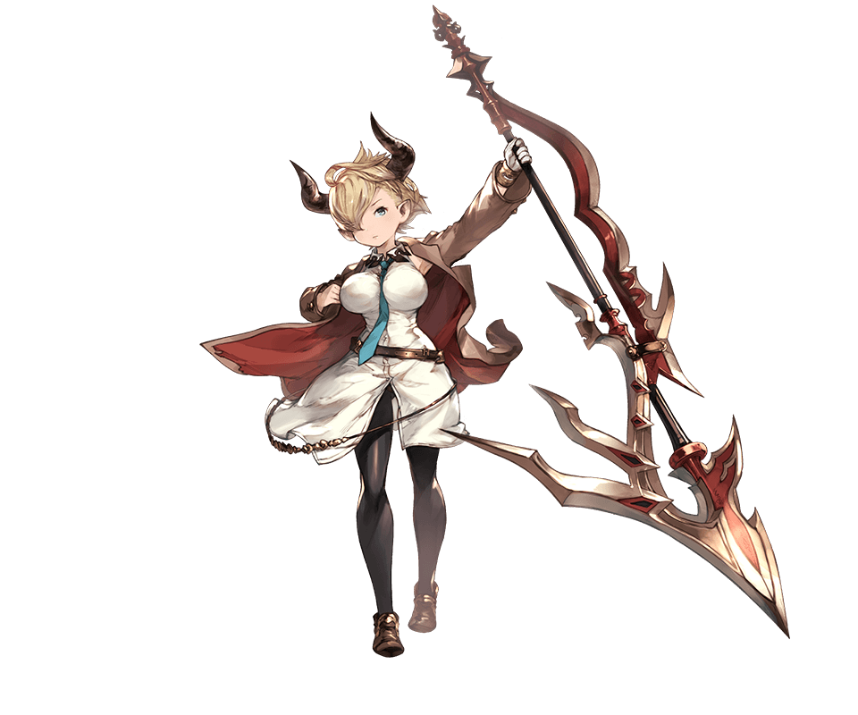 belt blonde_hair blue_eyes breasts draph full_body gloves granblue_fantasy hair_over_one_eye holding holding_weapon horns huge_weapon jacket laguna_(granblue_fantasy) large_breasts looking_at_viewer minaba_hideo necktie official_art pantyhose pointy_ears shoes short_hair skirt solo transparent_background weapon