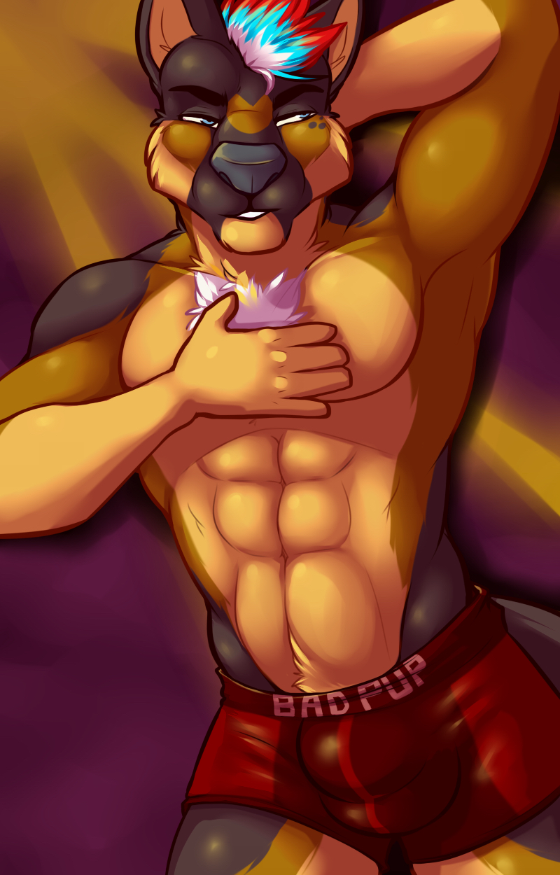 2016 abs abstract_background anthro biceps boxers_(clothing) bulge canine cheek_dots chest_tuft clothed clothing digital_media_(artwork) dog fcsimba german_shepherd male mammal mohawk muscular muscular_male pecs pose ryker_(rykersheppy) solo standing tuft underwear