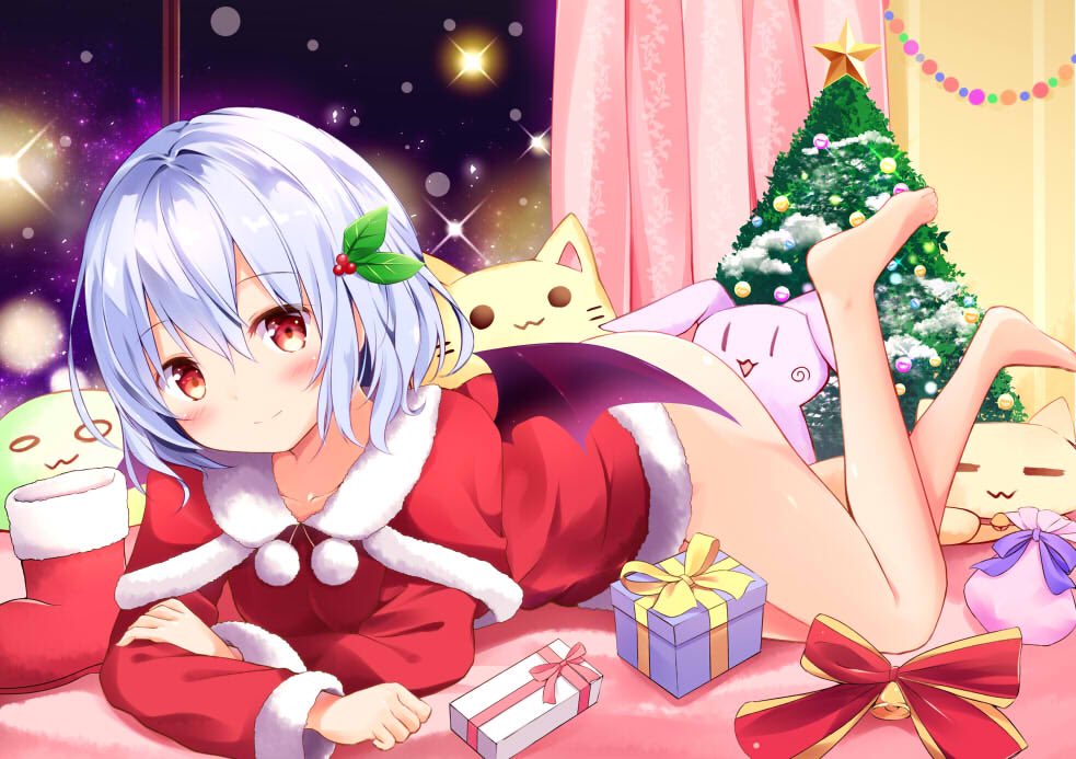 :3 =_= arm_support bangs barefoot bat_wings bell blush boots_removed breasts christmas_ornaments christmas_tree collarbone curtains gift hair_between_eyes hair_ornament hyurasan indoors lavender_hair leaf_hair_ornament looking_at_viewer lying medium_breasts on_stomach red_eyes red_ribbon remilia_scarlet ribbon santa_costume short_hair sky smile solo sparkle star star_(sky) starry_sky stuffed_animal stuffed_cat stuffed_toy the_pose touhou wings |_|