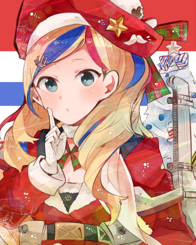 :o anchor_hair_ornament bangs belt beret blonde_hair christmas christmas_ornaments christmas_tree commandant_teste_(kantai_collection) gloves hair_ornament hat index_finger_raised itomugi-kun jacket kantai_collection long_hair looking_at_viewer machinery multicolored_hair open_mouth smokestack solo streaked_hair swept_bangs wavy_hair white_gloves