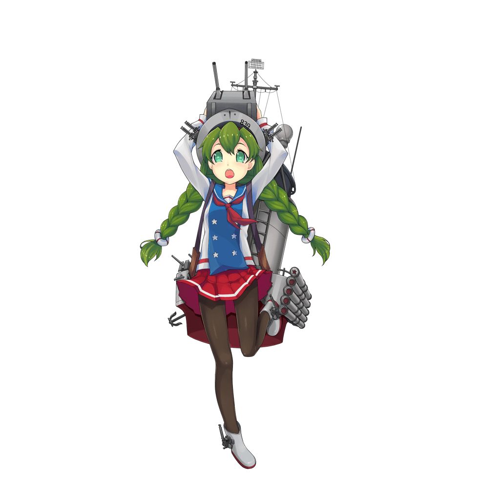 anchor arms_up braid brown_legwear cannon e_neko full_body green_eyes green_hair grey_footwear grey_hat ladder lifebuoy long_hair long_sleeves looking_at_viewer machinery official_art open_mouth pantyhose pleated_skirt power_(zhan_jian_shao_nyu) radar red_skirt rigging shirt shoes skirt smokestack solo standing standing_on_one_leg star star-shaped_pupils symbol-shaped_pupils teeth torpedo transparent_background turret twin_braids white_shirt zhan_jian_shao_nyu