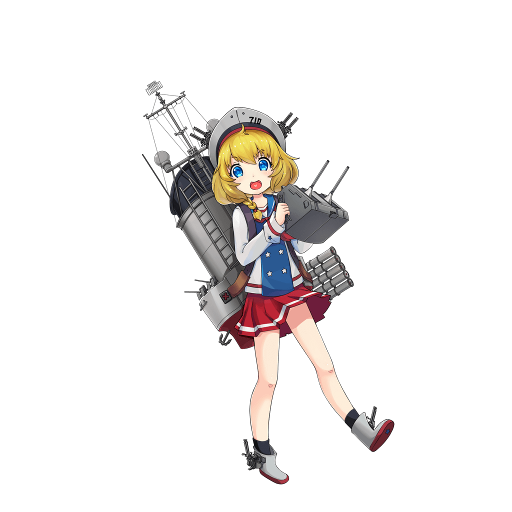 :d anchor black_legwear blonde_hair blue_eyes braid cannon e_neko full_body gearing_(zhan_jian_shao_nyu) hair_over_shoulder hat heart holding holding_weapon ladder long_sleeves looking_at_viewer machinery official_art open_mouth pleated_skirt red_skirt rigging shirt shoes skirt smile smokestack socks solo star star-shaped_pupils symbol-shaped_pupils torpedo transparent_background turret walking weapon white_footwear white_hat white_shirt zhan_jian_shao_nyu