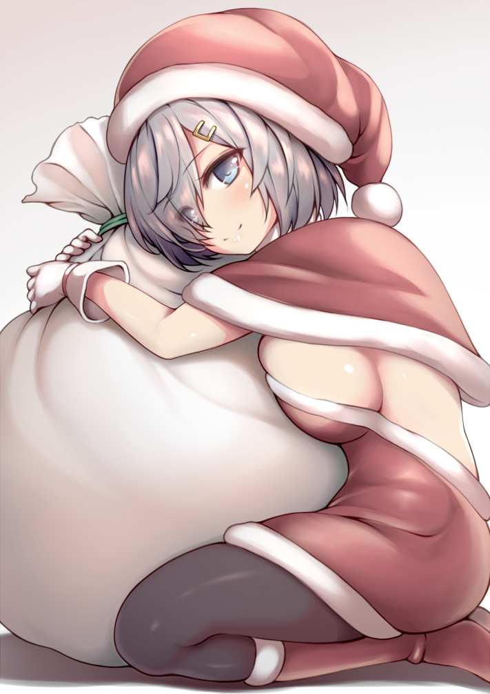 bad_id bad_pixiv_id big_wednesday black_legwear blue_eyes breast_press breasts capelet christmas commentary_request dress eyes_visible_through_hair from_side gloves hair_ornament hair_over_one_eye hairclip hamakaze_(kantai_collection) hat kantai_collection large_breasts light_smile looking_at_viewer off-shoulder_dress off_shoulder pantyhose red_dress santa_costume santa_hat short_dress short_hair sideboob silver_hair sitting skindentation solo white_gloves
