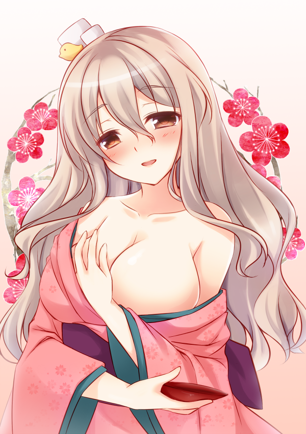 :d alternate_costume bare_shoulders breasts brown_eyes cleavage collarbone cup curly_hair hat headgear holding japanese_clothes kantai_collection kimono large_breasts long_hair looking_at_viewer minakami_rinka mini_hat off_shoulder open_mouth pink_kimono pola_(kantai_collection) sakazuki silver_hair smile solo undressing yukata