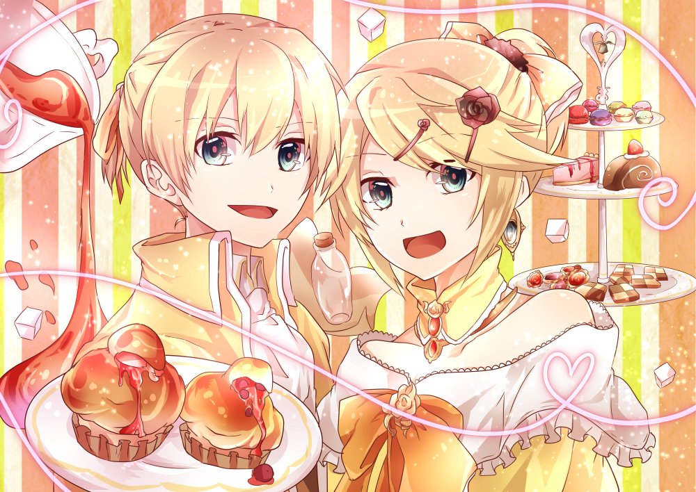 1girl aku_no_meshitsukai_(vocaloid) aku_no_musume_(vocaloid) allen_avadonia bare_shoulders biscuit blonde_hair blue_eyes bottle bow brioche brother_and_sister cake candy check_commentary choker commentary_request cookie dress earrings evillious_nendaiki flower food frilled_dress frills hair_bow hair_ornament hair_ribbon hairclip heart heart_of_string jacket jewelry kagamine_len kagamine_rin muffin pastry princess ribbon riliane_lucifen_d'autriche rose short_hair short_ponytail siblings smile striped striped_background sugar_cube syrup tiered_tray tray twins updo vocaloid yellow_dress yellow_jacket yuken_52