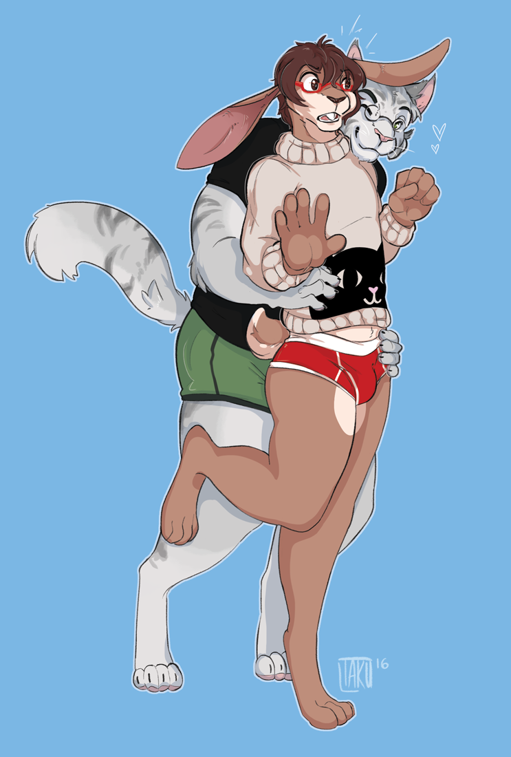 &lt;3 anthro briefs clothed clothing duo eyewear feline glasses huffpup hug lagomorph male male/male mammal open_mouth rabbit smile standing underwear