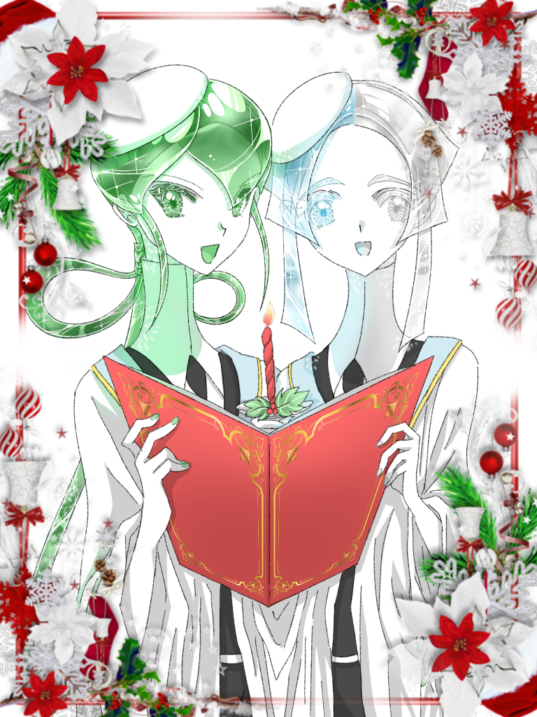 2others androgynous blue_eyes blue_hair book candle christmas colored_eyelashes crystal_hair easty euclase_(houseki_no_kuni) eyebrows_visible_through_hair eyes_visible_through_hair gem_uniform_(houseki_no_kuni) green_eyes green_hair hat heterochromia houseki_no_kuni jade_(houseki_no_kuni) long_hair looking_at_viewer multicolored_hair multiple_others necktie open_mouth robe short_hair silver_eyes silver_hair smile thick_eyebrows two-tone_hair upper_body white_eyes white_hair