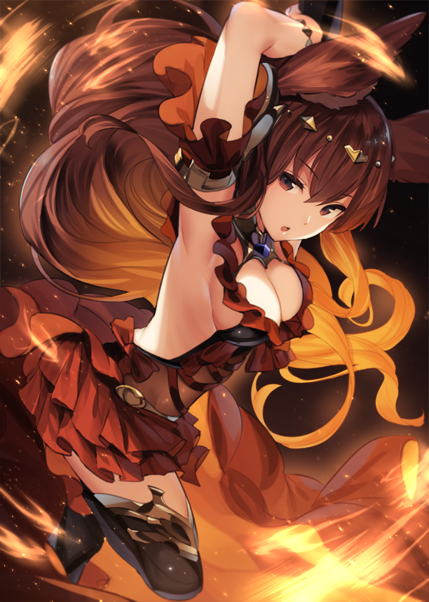 animal_ears anthuria armpits bangs banned_artist breasts cleavage dress erune frilled_dress frills granblue_fantasy hair_ornament large_breasts long_hair paseri red_dress red_eyes red_hair sideboob solo thighhighs
