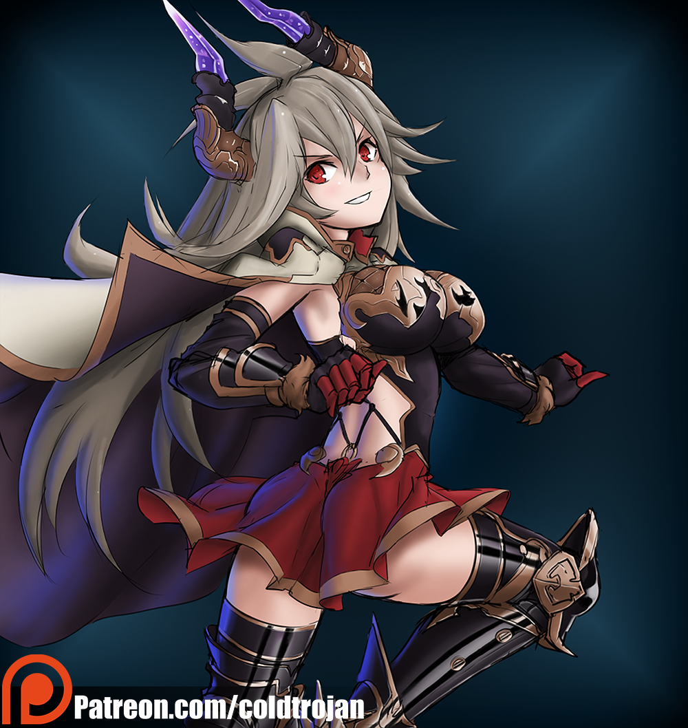 &gt;:) 1girl armor ass bangs breasts cape coldtrojan coloured doraf elbow_gloves female from_behind gene_(gear_gene) gloves granblue_fantasy grin hair_between_eyes horns large_breasts long_hair looking_back miniskirt patreon red_eyes sarasa_(granblue_fantasy) simple_background skirt smile solo thighhighs very_long_hair