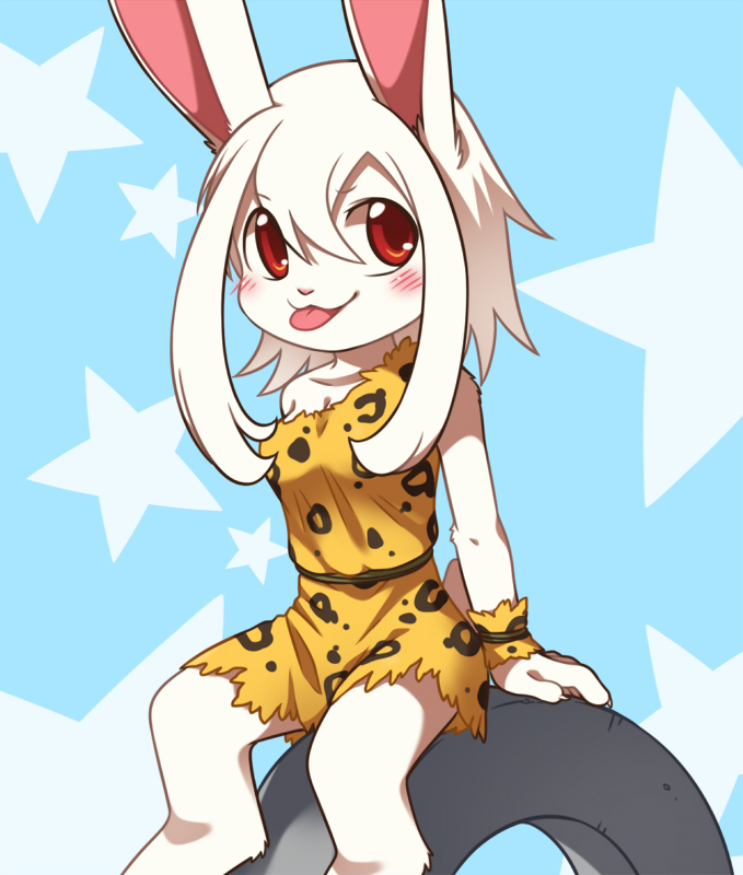 anthro blush clothed clothing cub female fur lagomorph looking_at_viewer mammal rabbit red_eyes sitting solo star tire tongue tongue_out unrealplace white_fur young
