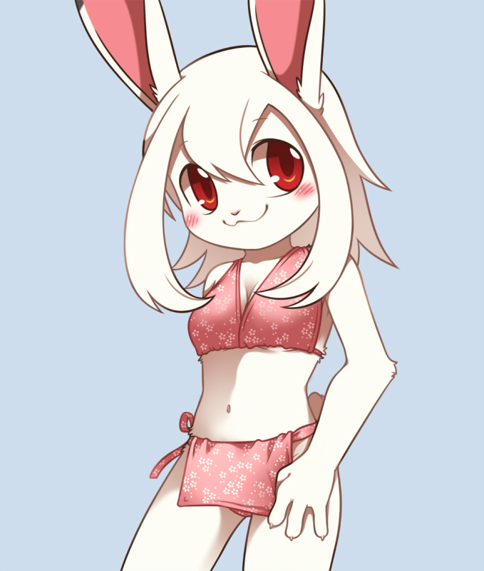 blush clothing cub female fur grey_background lagomorph looking_at_viewer mammal navel rabbit red_eyes simple_background smile solo standing swimsuit underwear unrealplace white_fur young