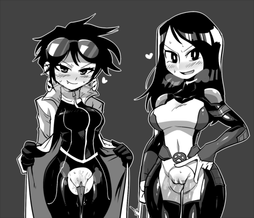 2girls black_hair blush breasts crap-man cutout female jubilee monochrome multiple_girls pussy pussy_juice simple_background tagme wide_hips x-23 x-men