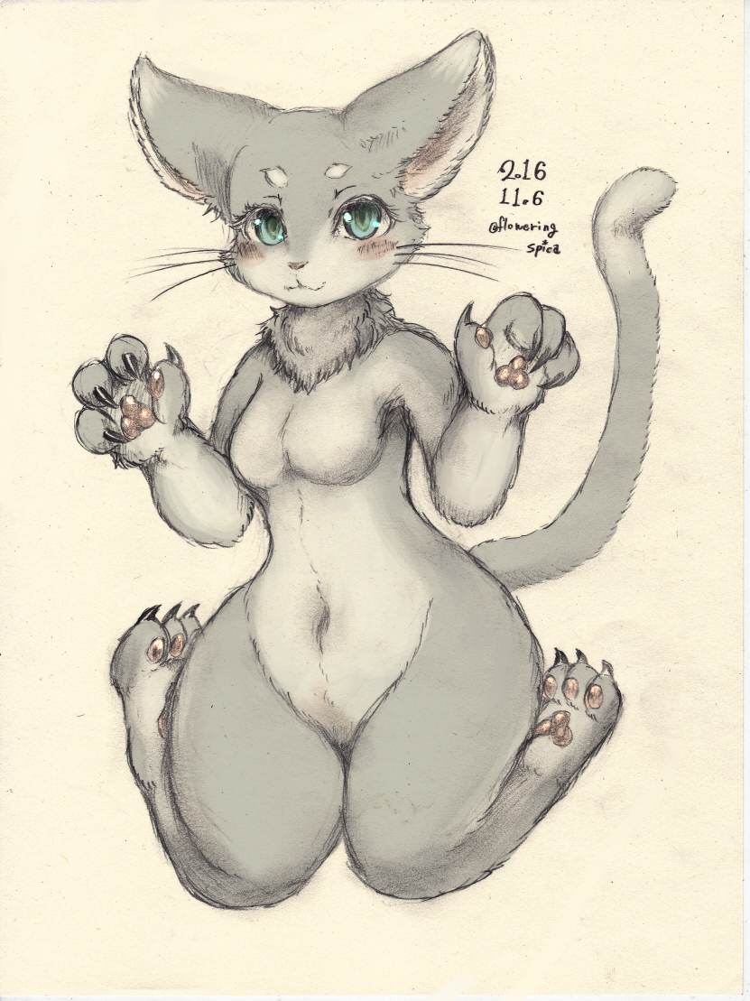 2016 3_toes 4_fingers :3 anthro armpits breasts cat claws eyelashes featureless_breasts feline female floweringspica front_view full-length_portrait fur green_eyes grey_fur hindpaw kemono kneeling looking_at_viewer mammal navel neck_tuft nude pawpads paws portrait simple_background slit_pupils smile solo toes traditional_media_(artwork) tuft whiskers