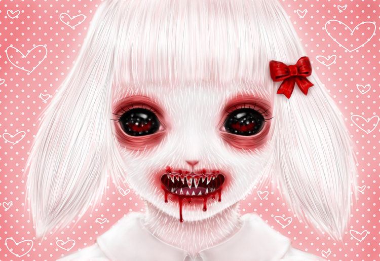 albino blood blood_from_mouth bunny_girl furry horror_(theme) looking_at_viewer original saccstry sharp_teeth staring teeth