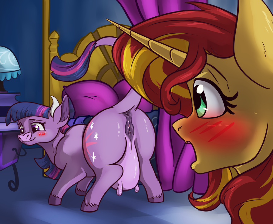 alorix anatomically_correct animal_genitalia animal_pussy anus bedroom big_butt blush bovine butt cattle equestria_girls equine female feral friendship_is_magic horse mammal my_little_pony pony pussy sunset_shimmer_(eg) teats twilight_sparcow twilight_sparkle_(mlp) udders