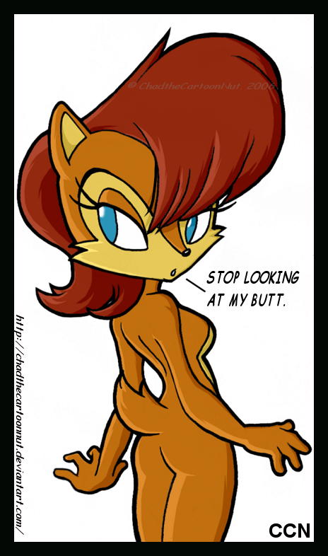 annoyed anthro blue_eyes breasts brown_fur butt chadthecartoonnut chipmunk featureless_breasts female fur hair looking_at_viewer mammal nude rear_view red_hair rodent sally_acorn solo sonic_(series)