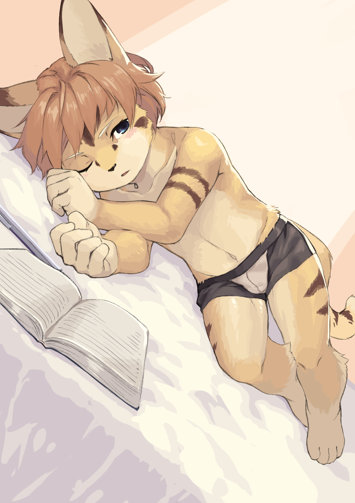 anthro bed blush book brown_fur bulge clothed clothing cub cute feline fur looking_at_viewer lying male mammal on_side one_eye_closed pillow simple_background solo tiger tired topless umani underwear young