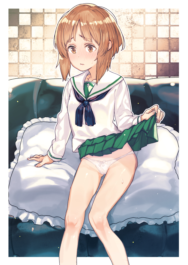 arm_support bangs blouse blush bow bow_panties brown_eyes brown_hair closed_mouth couch embarrassed frilled_pillow frills girls_und_panzer green_skirt indoors lifted_by_self long_sleeves looking_to_the_side miniskirt neckerchief nishizumi_miho ooarai_school_uniform panties pillow pleated_skirt school_uniform self_exposure serafuku short_hair sitting skirt skirt_lift solo subachi sweat sweatdrop underwear wavy_mouth white_blouse white_panties