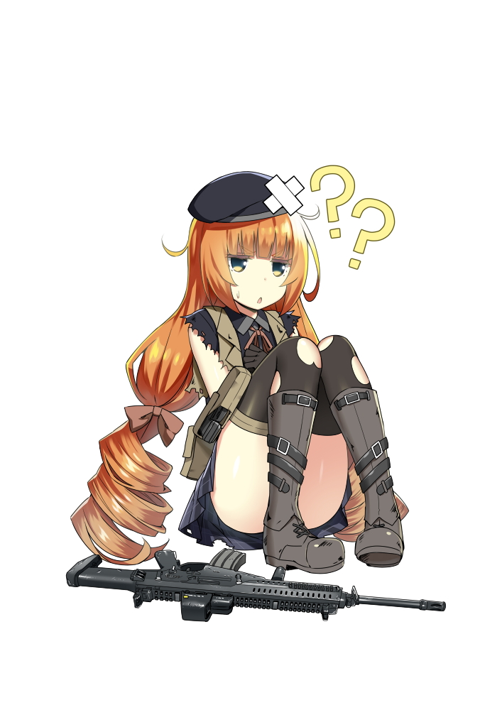 :o ? ?? arx-160 arx-160_(girls_frontline) bandaid beret black_gloves black_legwear boots bow cartridge chestnut_mouth drill_hair eyebrows eyebrows_visible_through_hair full_body girls_frontline gloves gun hair_bow hair_ribbon hand_on_own_chest hat holster jitome knee_boots looking_away magazine_(weapon) official_art open_mouth orange_hair pleated_skirt ribbon sitting skirt sky_(freedom) solo strap sweat thigh_holster thighhighs torn_clothes torn_legwear transparent_background twin_drills uniform weapon