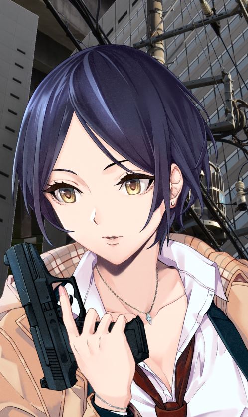 blue_hair bracelet breasts cleavage coat collarbone collared_shirt cover dress_shirt earrings eyelashes fingernails gun handgun hayami_kanade idolmaster idolmaster_cinderella_girls jewelry lips long_sleeves looking_to_the_side medium_breasts necklace necktie parted_lips pendant power_lines red_neckwear shirt short_hair solo trigger_discipline upper_body usui_ryuu utility_pole walther walther_p99 weapon white_shirt yellow_eyes