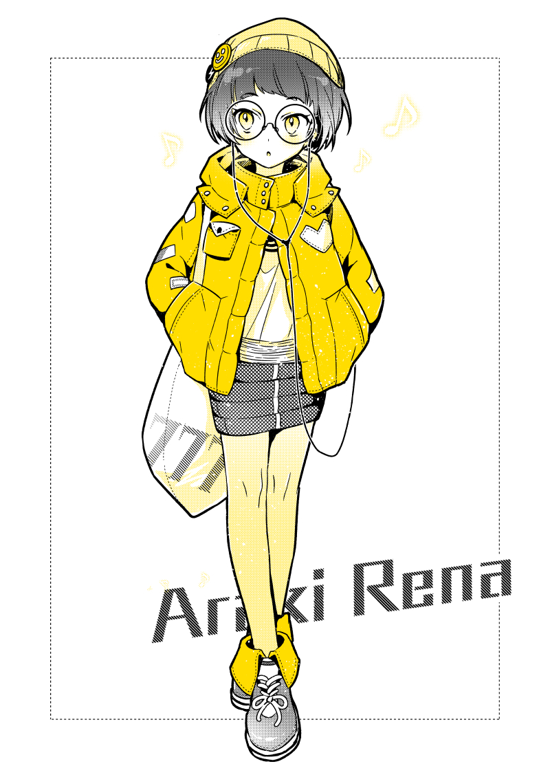 :o araki_rena badge bag bangs beanie blush bob_cut breast_pocket button_badge cable character_name cross-laced_footwear dotted_line earphones eighth_note eyebrows_visible_through_hair eyelashes full_body glasses hands_in_pockets hat jacket lightning_bolt listening_to_music long_sleeves miniskirt musical_note number open_clothes open_jacket outside_border pantyhose partially_colored pocket reika_(clovia_studio) round_eyewear shoes short_hair shoulder_bag simple_background skirt smiley_face sneakers solo stitches tokyo_7th_sisters walking white_background yellow yellow_eyes yellow_hat yellow_jacket yellow_legwear