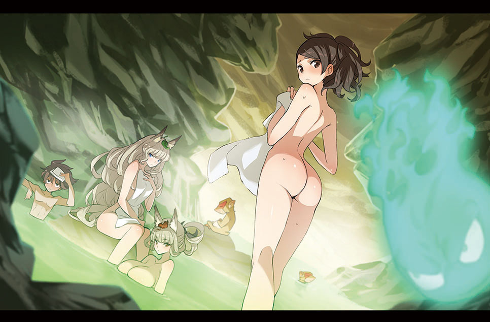 3girls animal animal_ears arm_rest ass back bangs bathing black_eyes black_hair blue_eyes blunt_bangs blurry blush breasts brown_eyes brown_hair chest closed_mouth covering depth_of_field fox_ears frown ghost hair_ornament hand_on_own_chest hand_on_own_head kisuke kongiku large_breasts leaf leaf_on_head letterboxed long_hair looking_at_viewer momohime monkey multiple_girls nude nude_cover oboro_muramasa onsen outdoors partially_submerged ponytail revision saitou_masatsugu sideboob silver_hair sitting sky soaking_feet standing steam swept_bangs towel towel_on_head very_long_hair walking water wavy_hair wet white_towel yuzuruha