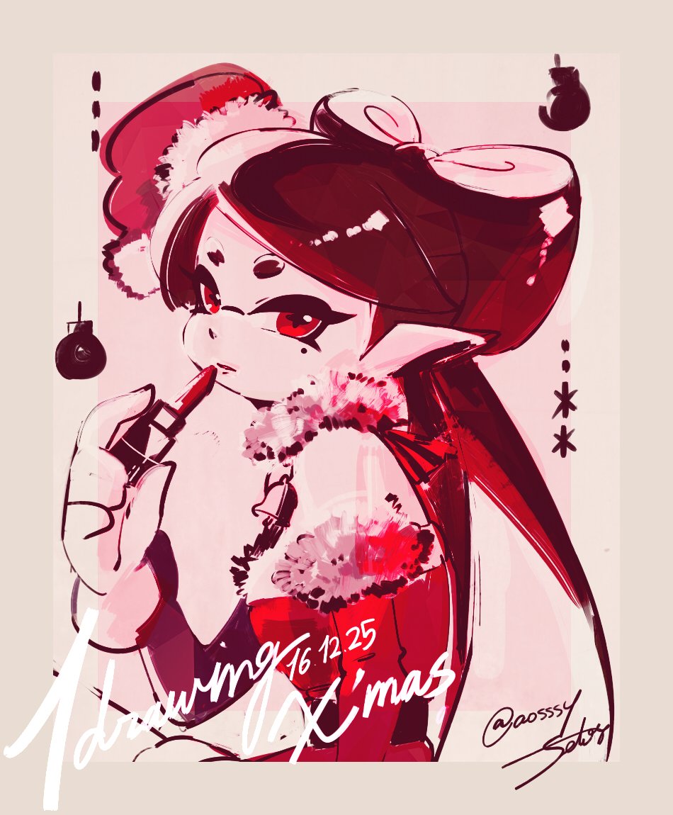 1girl aori_(splatoon) artist_name bell black_hair christmas christmas_ornaments closed_mouth commentary_request dated detached_collar domino_mask dress english from_side gloves hat holding jingle_bell lipstick long_hair looking_at_viewer makeup mask mini_hat mole mole_under_eye monochrome pointy_ears red red_dress red_eyes red_hat santa_costume santa_hat seto_(asils) signature sketch solo splatoon_(series) splatoon_1 standing strapless strapless_dress tentacle_hair twitter_username upper_body