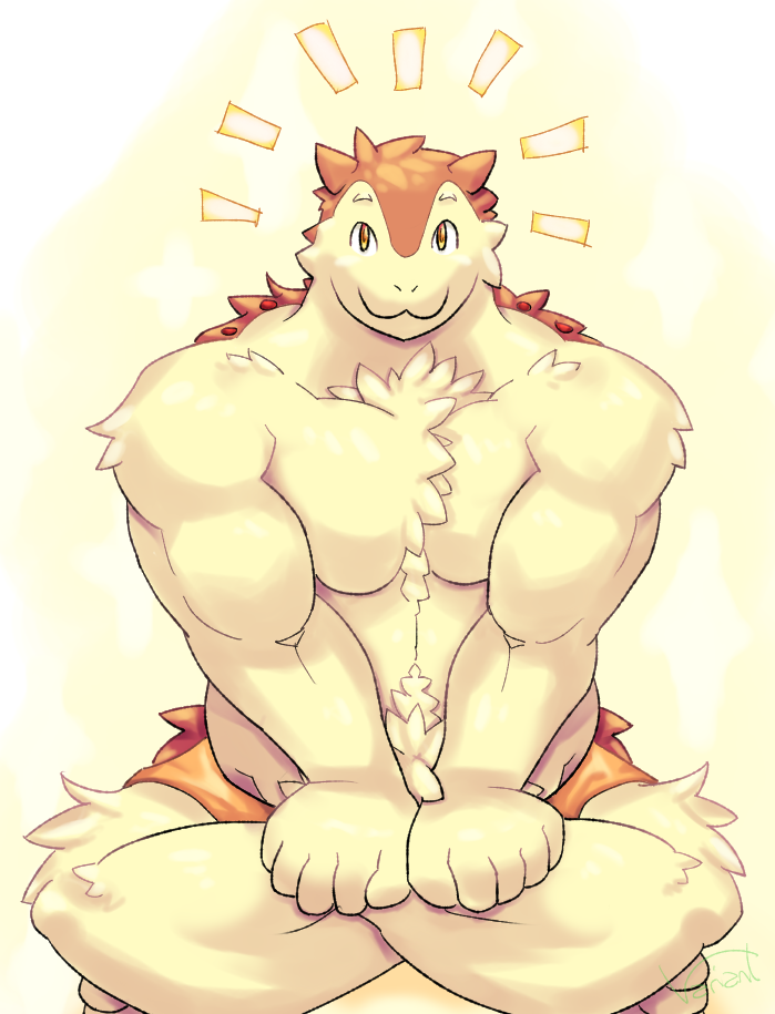 fur looking_at_viewer male muscular muscular_male nintendo pecs pok&eacute;mon smile solo typhlosion video_games viridianvariant