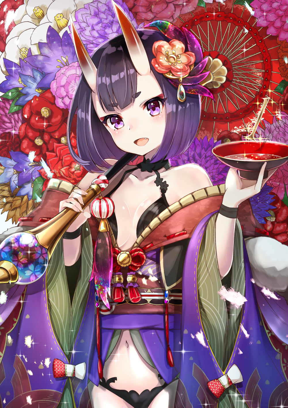 alcohol bangs bare_shoulders black_hair blush breasts collarbone commentary_request cup eyebrows_visible_through_hair fang fate/grand_order fate_(series) floral_background highres holding holding_umbrella horns japanese_clothes looking_at_viewer medium_breasts navel oni oni_horns open_mouth oriental_umbrella pilokey purple_eyes revealing_clothes sakazuki sake sash short_hair shuten_douji_(fate/grand_order) smile solo sparkle thick_eyebrows umbrella upper_body