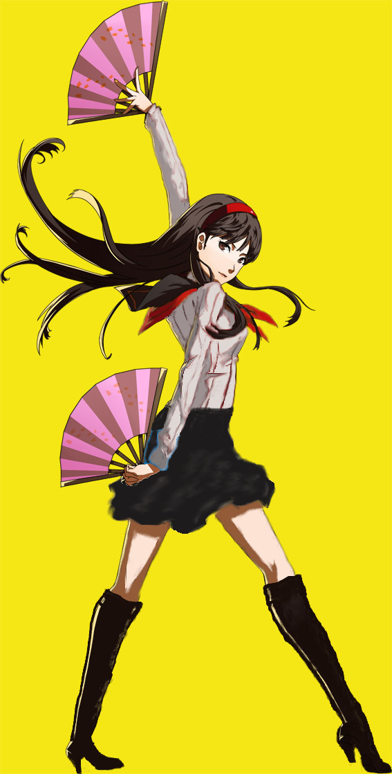 1girl amagi_yukiko black_boots black_hair boots brown_eyes edited fan folding_fan hairband kirijou_mitsuru_(cosplay) knee_boots megami_tensei nanaya_(daaijianglin) persona persona_3 persona_4 plain_background shin_megami_tensei skirt solo white_blouse