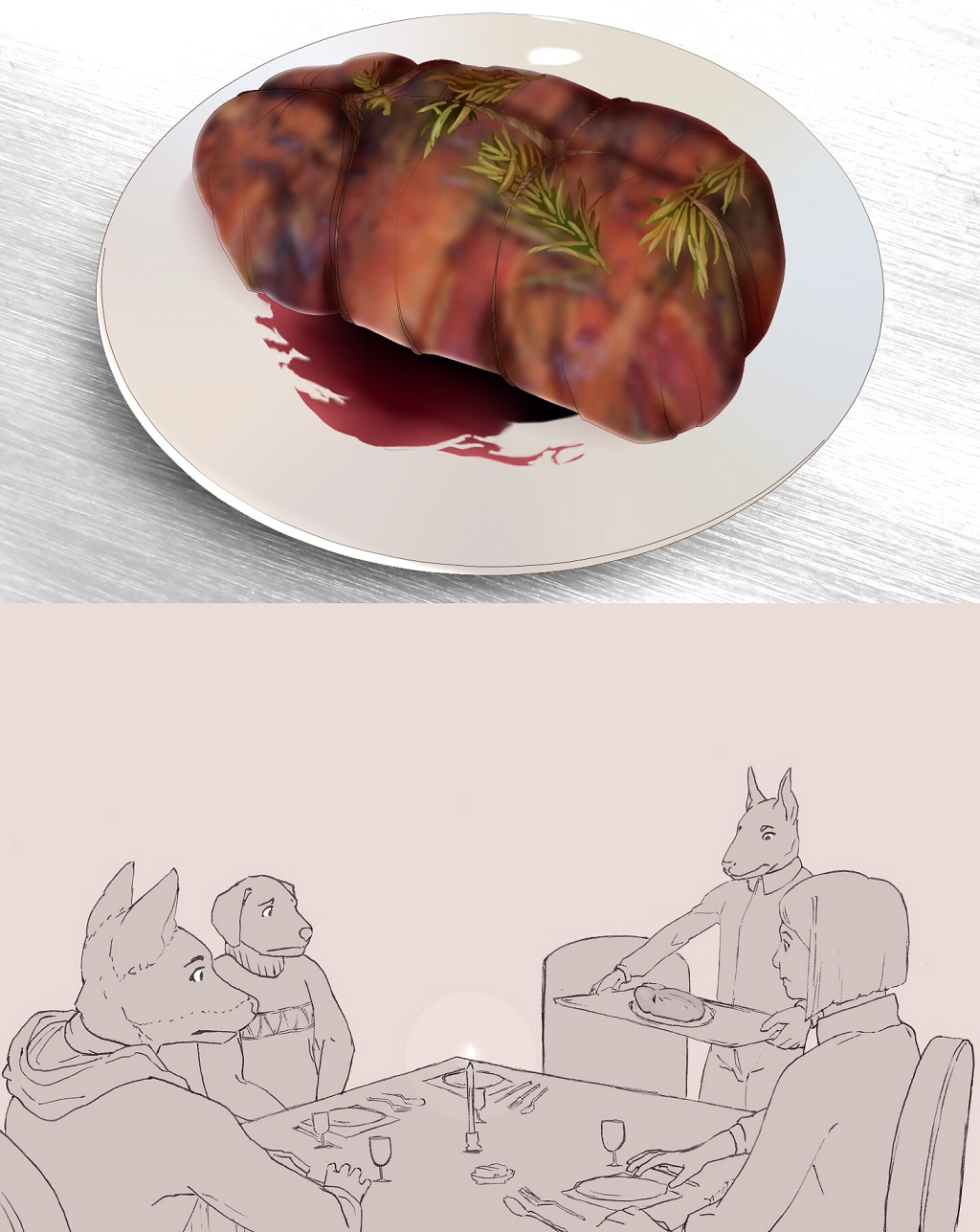 9x9 anthro candle canine dinner doberman dog female fox golden_retriever human male mammal roast_beef simple_background sitting standing table