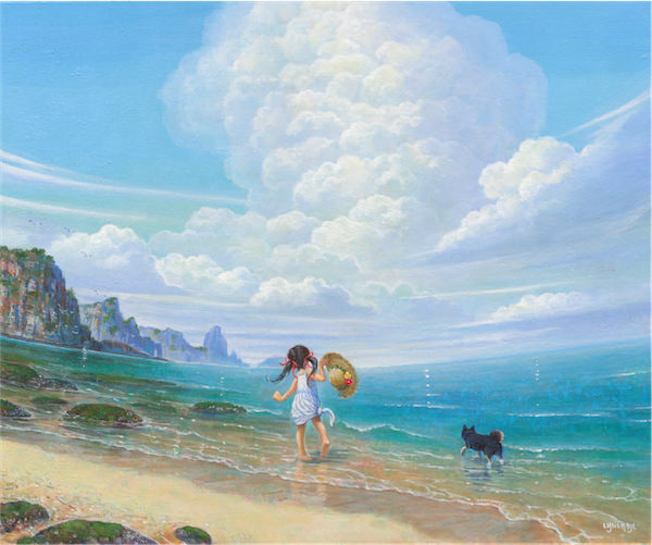 acrylic_paint_(medium) barefoot beach black_hair blue_sky cloud day dog dress fisheye flower from_behind hair_ribbon hat hat_flower hat_removed headwear_removed holding holding_hat moss ocean one-piece_swimsuit original outdoors ribbon rock running shiraishi_takashi short_hair sky solo straw_hat swimsuit towel_around_waist traditional_media twintails waves wide_shot