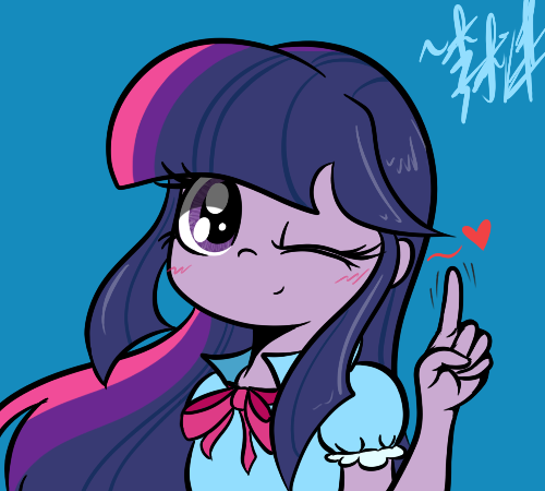 blue_background blush bow cute equestria_girls female human looking_at_viewer mammal my_little_pony one_eye_closed purple_eyes simple_background smile twilight_sparkle_(eg) unknown_artist wink