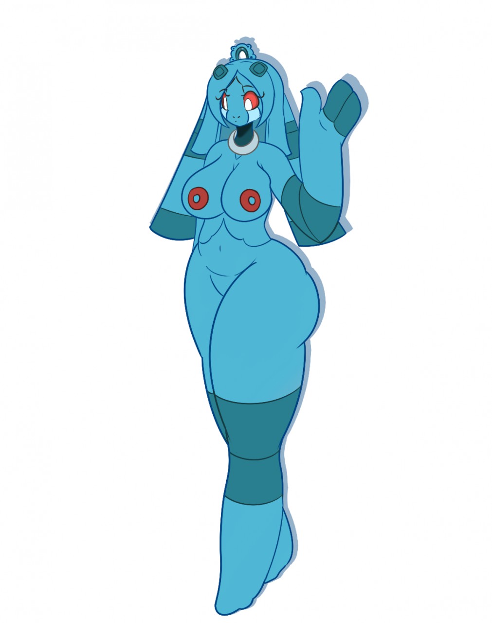 2016 anthro anthrofied areola bellaria blue_body blue_nipples bronzong fan_character female flare-zen navel nintendo nipples not_furry nude pok&eacute;mon pok&eacute;morph red_sclera simple_background solo video_games white_background white_eyes wide_hips