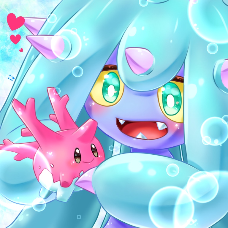 aije blush bubble close-up commentary_request corsola eye_contact gen_2_pokemon gen_7_pokemon happy heart holding looking_at_another mareanie no_humans open_mouth pokemon pokemon_(creature) sharp_teeth sparkling_eyes spikes teeth underwater water