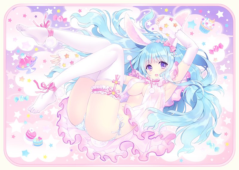 animal_ears ankle_ribbon aqua_hair armpits blush breasts bunny_ears bunny_tail carnelian commentary_request cupcake feet food garters lingerie long_hair macaron medium_breasts momo_(carnelian) no_shoes open_mouth original panties purple_eyes ribbon side-tie_panties solo striped striped_panties tail thighhighs underwear