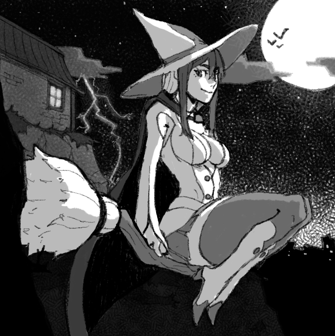 1girl artist_request birdy birdy_the_mighty broom cosplay drawfag female hat little_witch_academia monochrome solo source_request