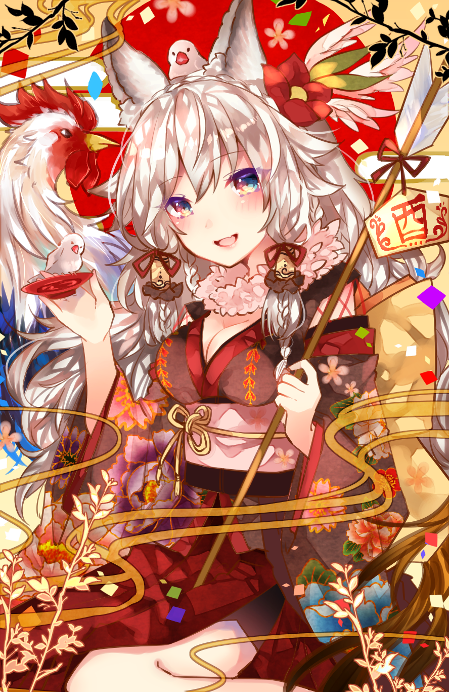 :d animal animal_ears animal_on_head arrow bad_id bad_pixiv_id bird black_kimono blush braid breasts chick chicken chinese_zodiac cleavage commentary_request cup ema fang floral_print green_eyes hair_ornament hair_ribbon hamaya happy_new_year highres holding holding_arrow holding_plate japanese_clothes kimono long_hair looking_at_viewer medium_breasts multicolored multicolored_eyes new_year obi on_head open_mouth original plate red_eyes red_ribbon ribbon rooster sakazuki sash silver_hair sitting smile solo sweetroad twin_braids wariza year_of_the_rooster