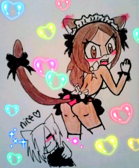 &lt;3 amyrosexshadowlover anthro blush bow_tie breasts brown_hair butt canine cat clothing feline female fur hair leslie_the_cat maid_uniform male mammal max_the_wolf panties pervert photography_(artwork) rear_view solo_focus sonic_style traditional_media_(artwork) underwear uniform white_fur wolf