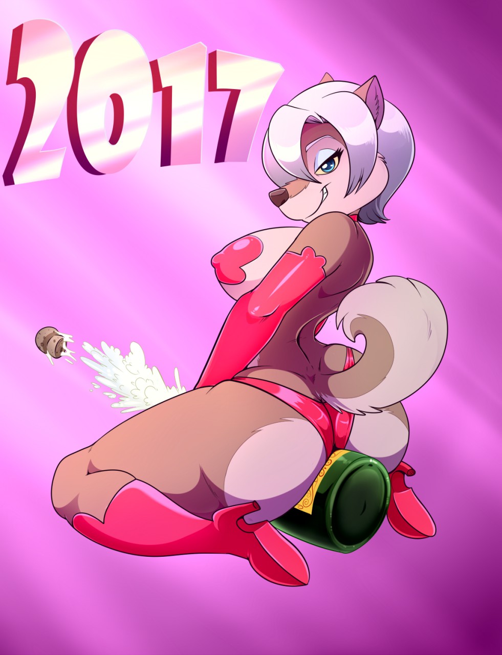 2017 alcohol anthro beverage big_breasts big_butt blue_eyes breasts butt canine champagne fur hair half-closed_eyes holidays lonbluewolf looking_at_viewer looking_back mammal new_year white_hair yellow_sclera