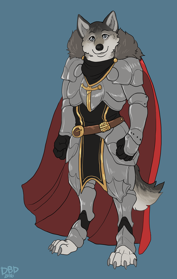 anthro armor canine cape clothed clothing dbd looking_at_viewer male mammal smile solo standing wolf