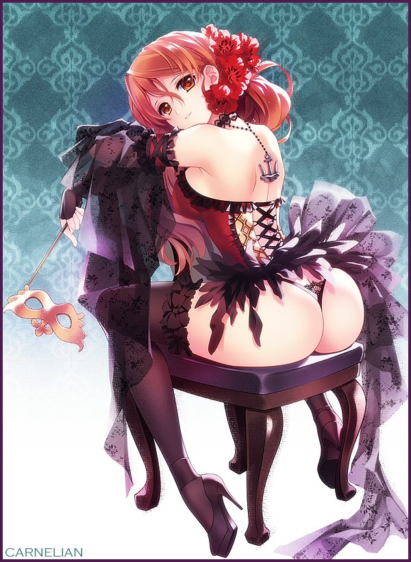 anchor artist_name ass back black_legwear breasts carnelian chair choker commentary_request domino_mask flower full_body hair_flower hair_ornament high_heels italia_(kantai_collection) kantai_collection littorio_(kantai_collection) looking_at_viewer mask medium_breasts orange_eyes red_hair sideboob sitting solo thighhighs thong