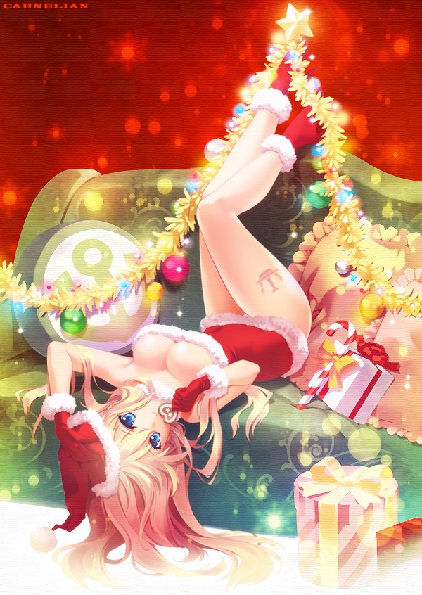 artist_name bismarck_(kantai_collection) blonde_hair blue_eyes bow breasts candy candy_cane carnelian christmas cleavage commentary_request cookie couch dress food gift gloves hat kantai_collection large_breasts legs looking_at_viewer pillow santa_costume santa_gloves santa_hat solo tattoo