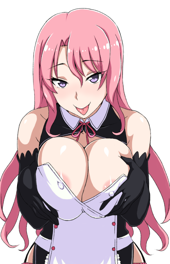 areola_slip areolae bad_id bad_pixiv_id bangs bare_shoulders black_gloves blush breast_hold breasts cleavage cleavage_cutout covered_nipples cowboy_shot dream_c_club dream_c_club_(series) dress elbow_gloves gloves grey_eyes hip_vent large_breasts long_hair looking_at_viewer naughty_face neck_ribbon pink_hair pink_ribbon ribbon rui_(dream_c_club) sidelocks smile solo tawashi1623 tongue tongue_out tsurime