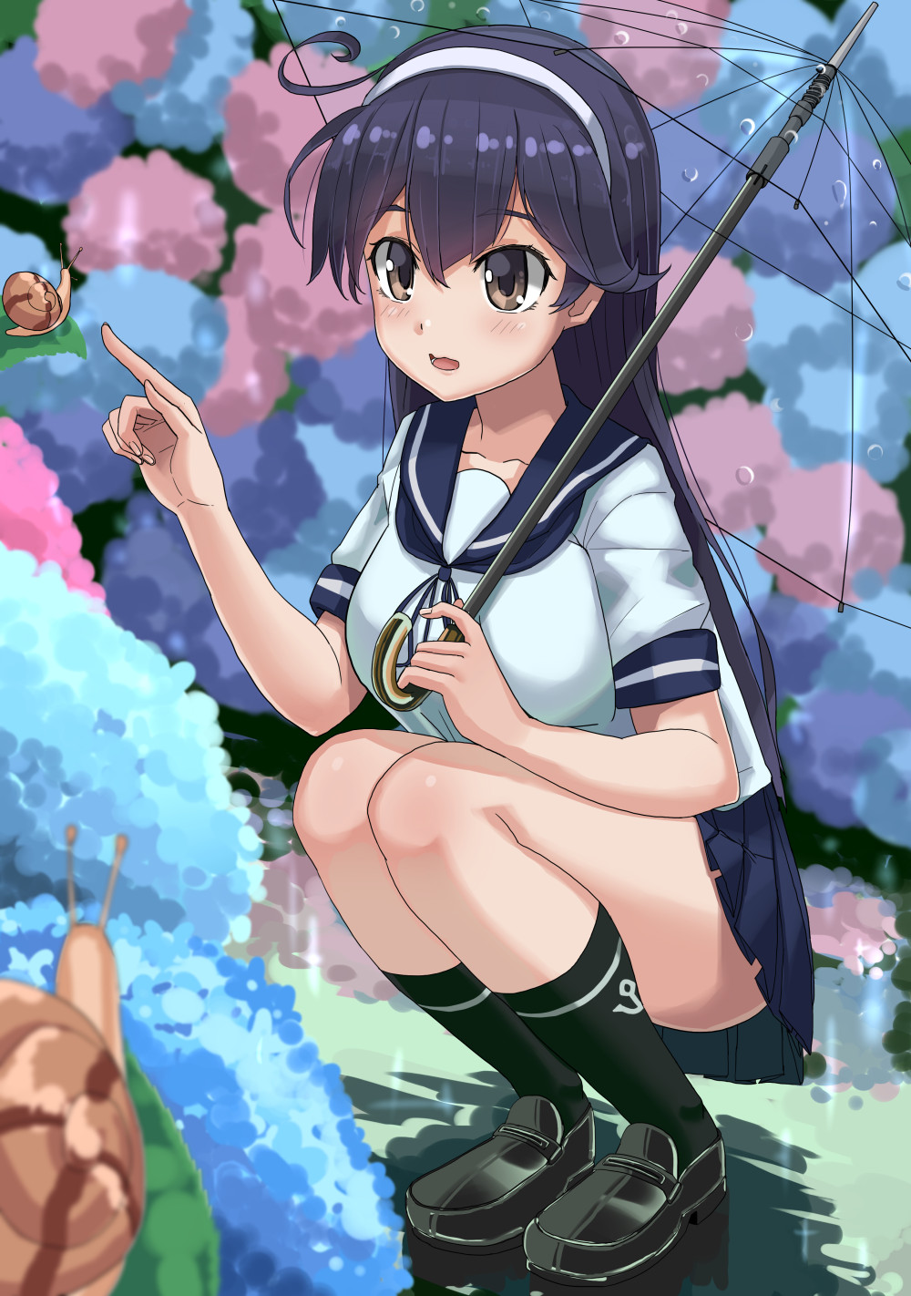 anchor_symbol bad_id bad_pixiv_id black_footwear black_hair black_legwear black_skirt blurry blush breasts brown_eyes collarbone commentary_request depth_of_field flower full_body hair_between_eyes hairband highres holding holding_umbrella hydrangea kantai_collection large_breasts loafers long_hair pleated_skirt puddle remodel_(kantai_collection) school_uniform serafuku shoes short_sleeves skirt smile snail socks solo soushou_nin squatting umbrella ushio_(kantai_collection) wet