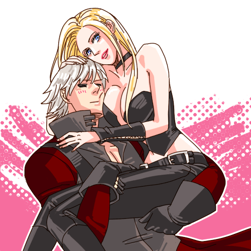 1boy 1girl blonde_hair blush breast_smother breasts carrying choker couple dante_(devil_may_cry) devil_may_cry devil_may_cry_2 hand_on_head hug leather silver_hair smile trish_(devil_may_cry)