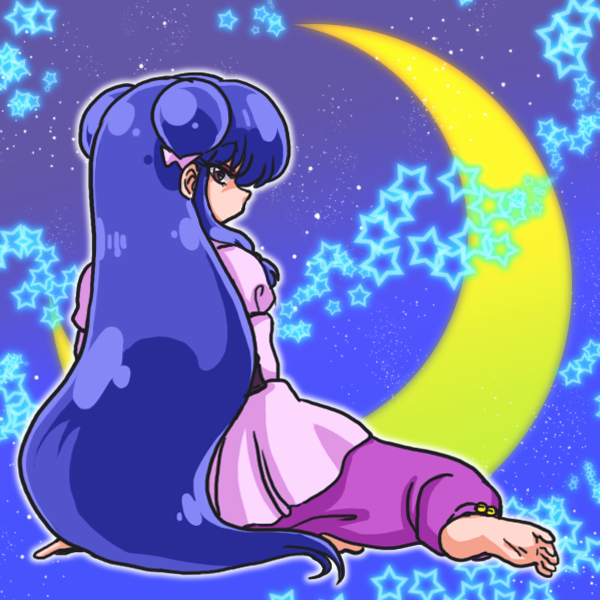 arm_support bangs blue_hair chinese_clothes crescent_moon from_behind full_body long_hair looking_at_viewer looking_back moon night night_sky pants pink_shirt purple_eyes purple_pants ranma_1/2 shampoo_(ranma_1/2) shirt sitting sky solo star starry_background wanta_(futoshi)