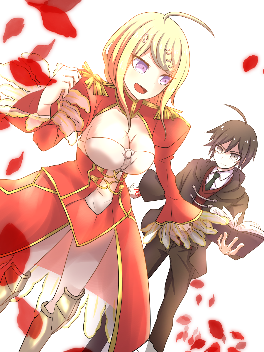 1boy 1girl ahoge akamatsu_kaede alternate_costume black_hair black_jacket blonde_hair book breasts cleavage collarbone command_spell cosplay danganronpa dress epaulettes eyebrows_visible_through_hair fate/extra fate/grand_order fate_(series) flower fujimaru_ritsuka_(male) fujimaru_ritsuka_(male)_(cosplay) green_neckwear grey_eyes hair_between_eyes hair_ornament highres holding holding_book jacket large_breasts long_hair mage's_association_uniform musical_note musical_note_hair_ornament necktie nero_claudius_(fate) nero_claudius_(fate)_(all) nero_claudius_(fate)_(cosplay) new_danganronpa_v3 open_book petals purple_eyes red_dress red_petals rose rose_petals saihara_shuuichi short_hair simple_background white_background zi_huahuo