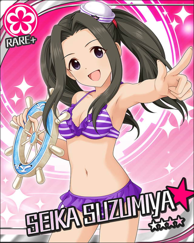 alternate_hairstyle armpits artist_request bikini black_hair breasts card_(medium) character_name cleavage flower_(symbol) hat idolmaster idolmaster_cinderella_girls long_hair looking_at_viewer medium_breasts mini_hat navel official_art open_mouth outstretched_arm pointing purple_bikini purple_eyes smile solo striped suzumiya_seika swimsuit twintails